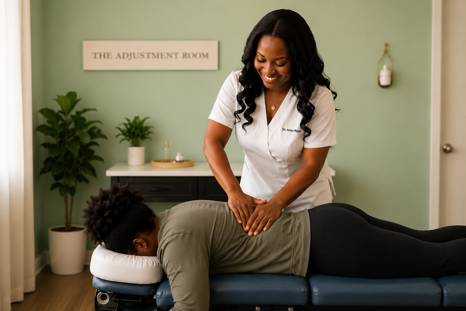 Dr. Anisa Biggs performing a lower back adjustment on a patient